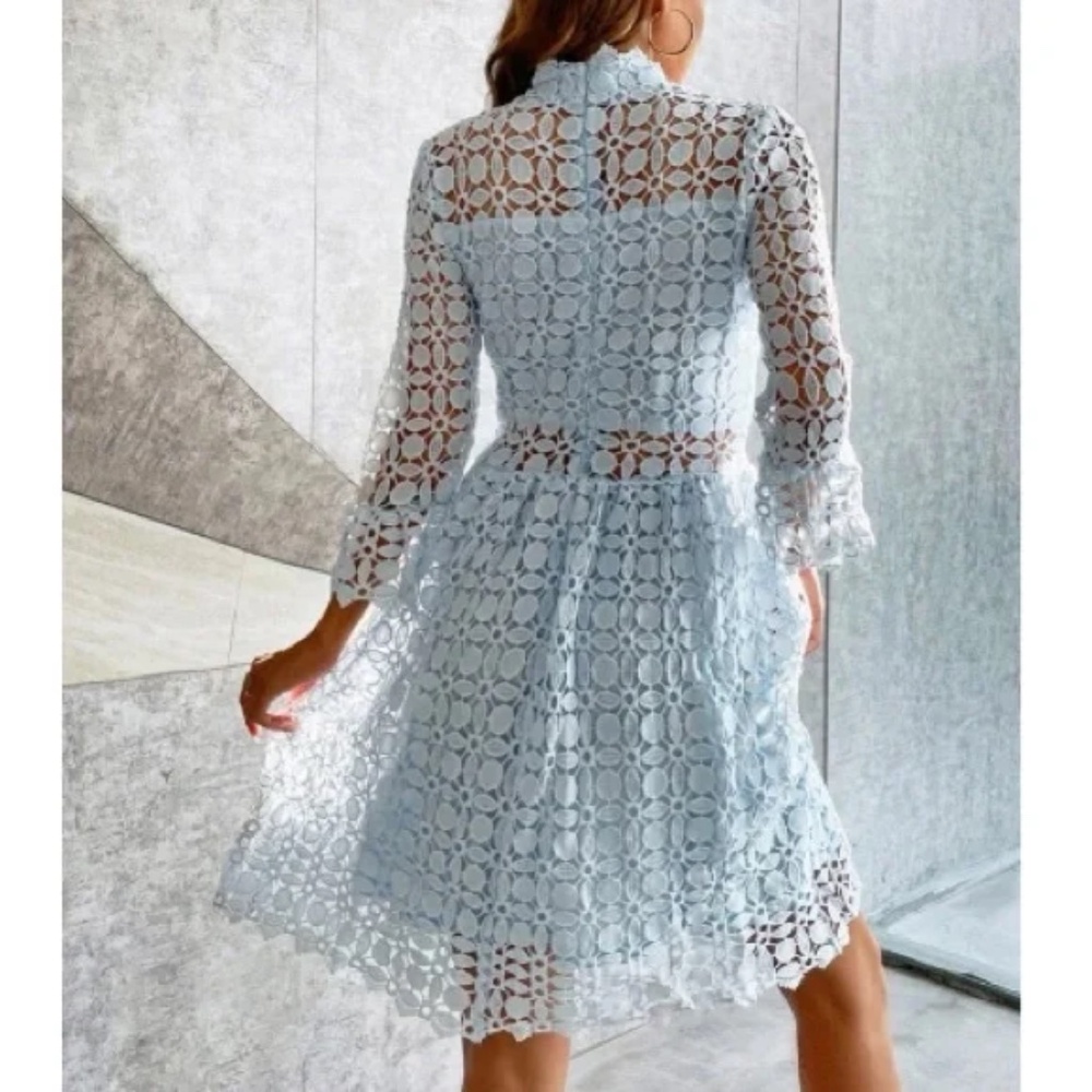Classic Lace Frill Neck Long Sleeve Party Dress - Picture 5 of 13